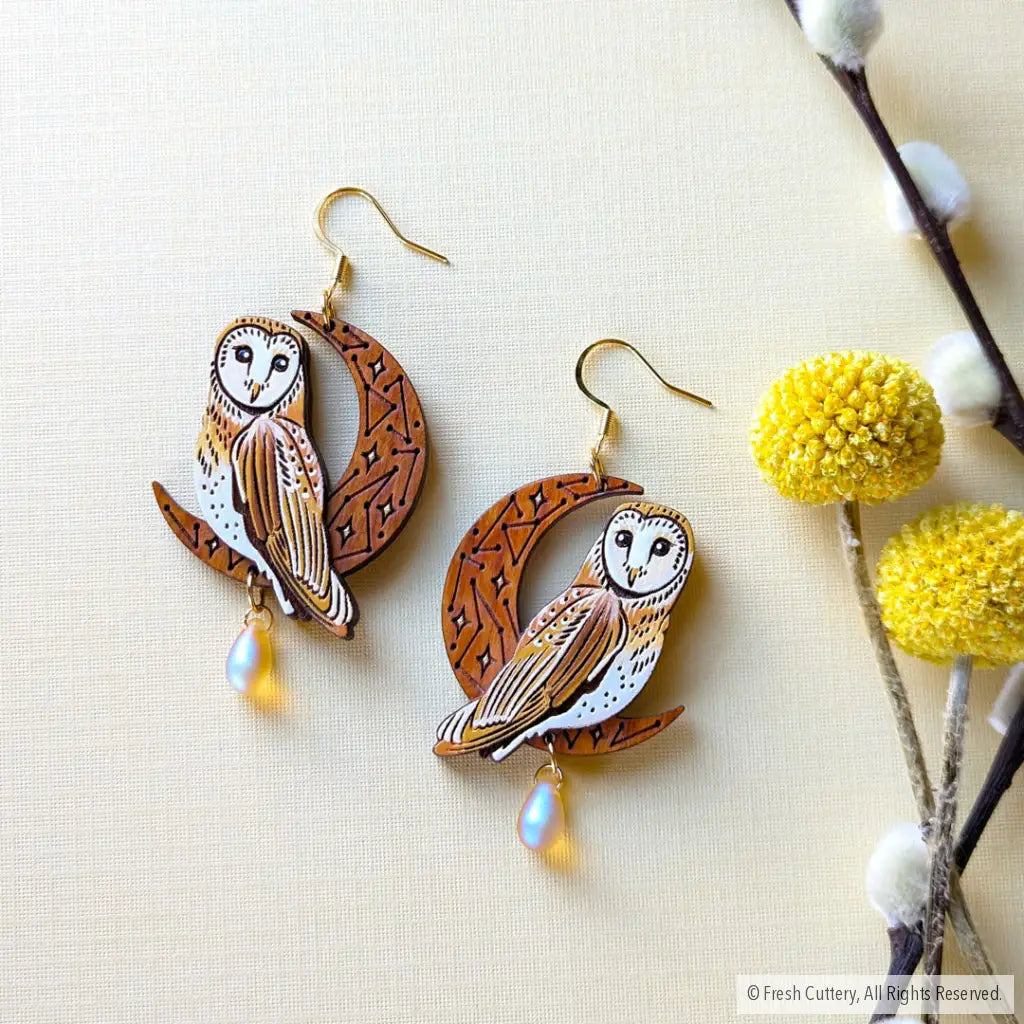 Celestial Owl Statement Earrings Gold Stainless Steel Ear Wires Dangle And Drop