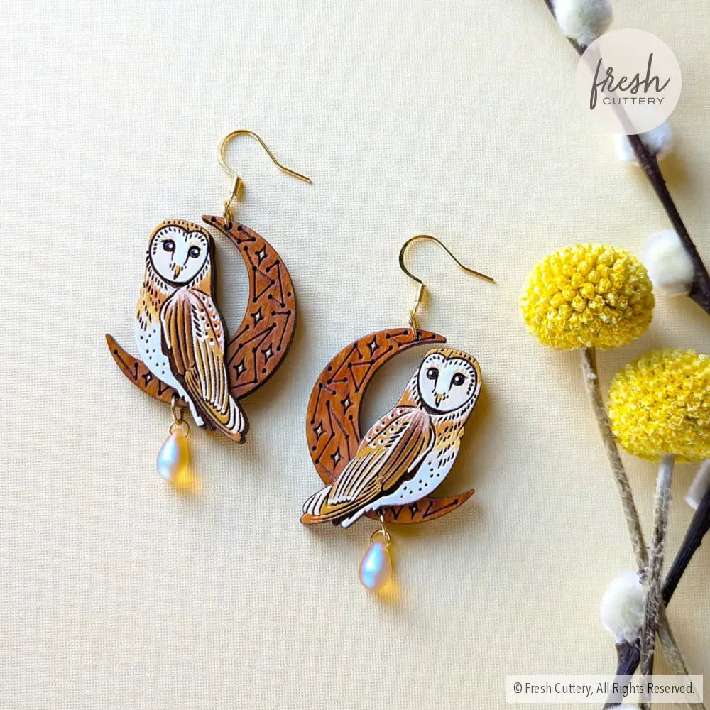 Celestial Owl Statement Earrings Gold Stainless Steel Ear Wires Dangle And Drop