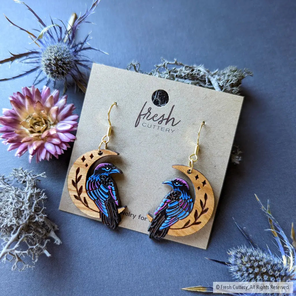 Celestial Raven Mini Hoops Gold Stainless Ear Wires Dangle And Drop Earrings