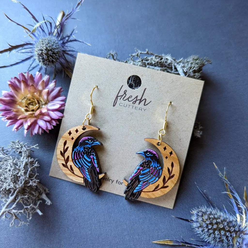 Celestial Raven Mini Hoops Gold Stainless Ear Wires Dangle And Drop Earrings