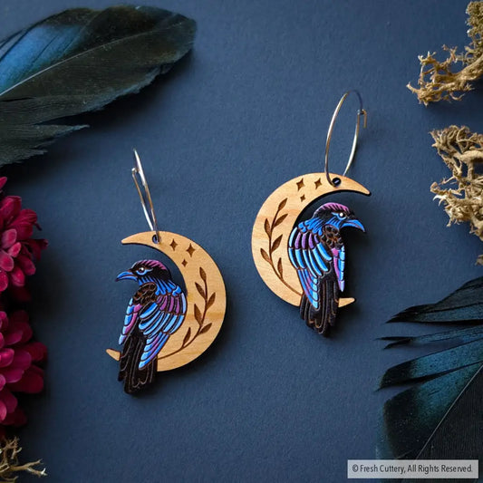 Celestial Raven Earrings - Silver Hoops - Dangle and Drop Earrings