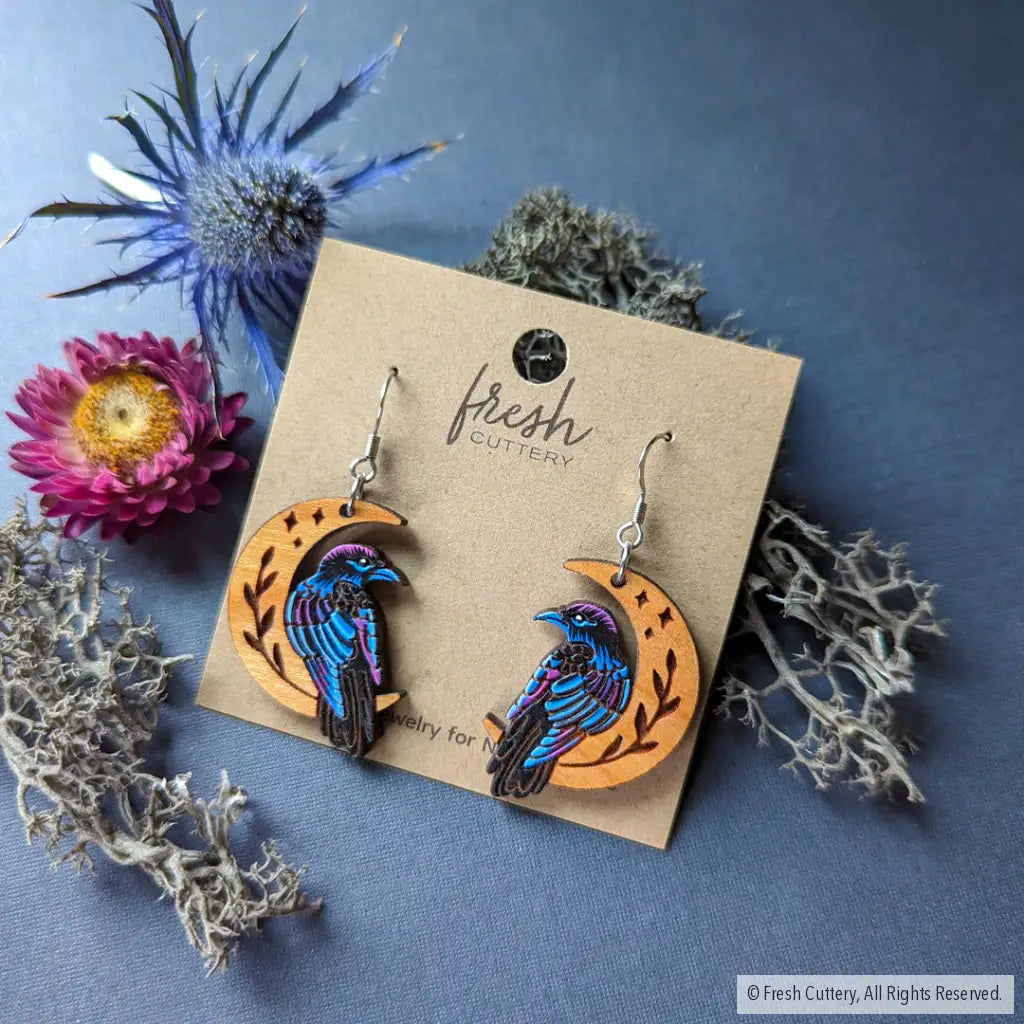 Celestial Raven Mini Hoops Silver Stainless Ear Wires Dangle And Drop Earrings