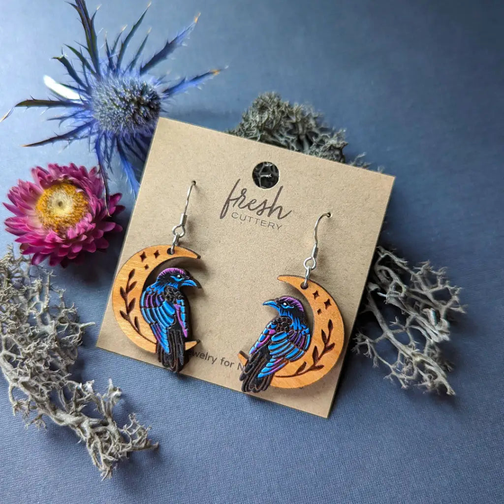 Celestial Raven Mini Hoops Silver Stainless Ear Wires Dangle And Drop Earrings