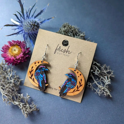 Celestial Raven Mini Hoops Silver Stainless Ear Wires Dangle And Drop Earrings