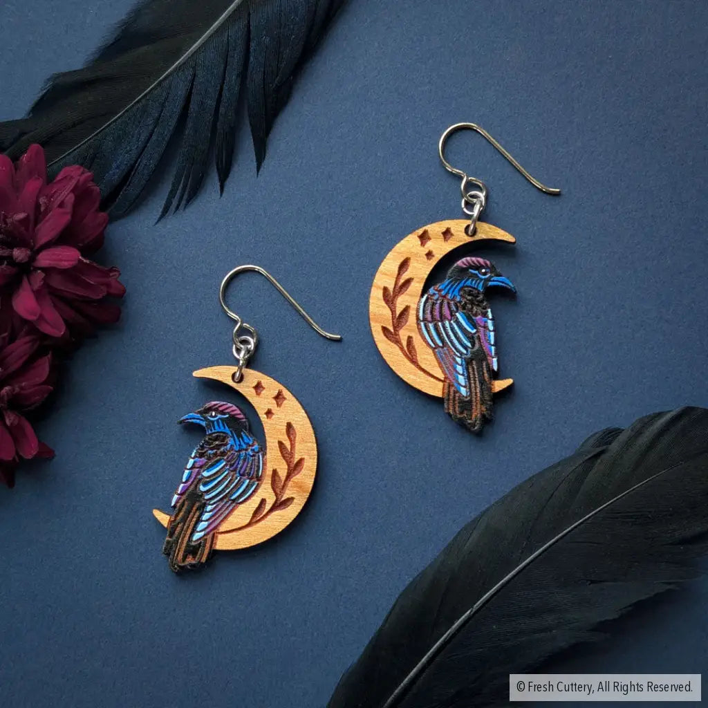 Celestial Raven Earrings - Titanium Ear Wires - Dangle and Drop Earrings