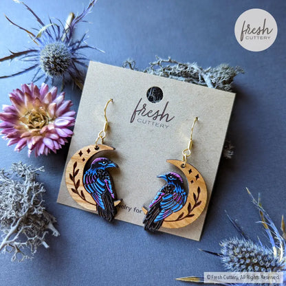 Celestial Raven Mini Hoops Gold Stainless Ear Wires Dangle And Drop Earrings