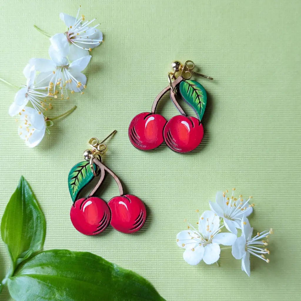 Cherry Earrings Gold Ball Posts Dangle and Drop Earrings