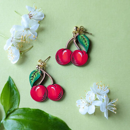 Cherry Earrings Gold Ball Posts Dangle and Drop Earrings