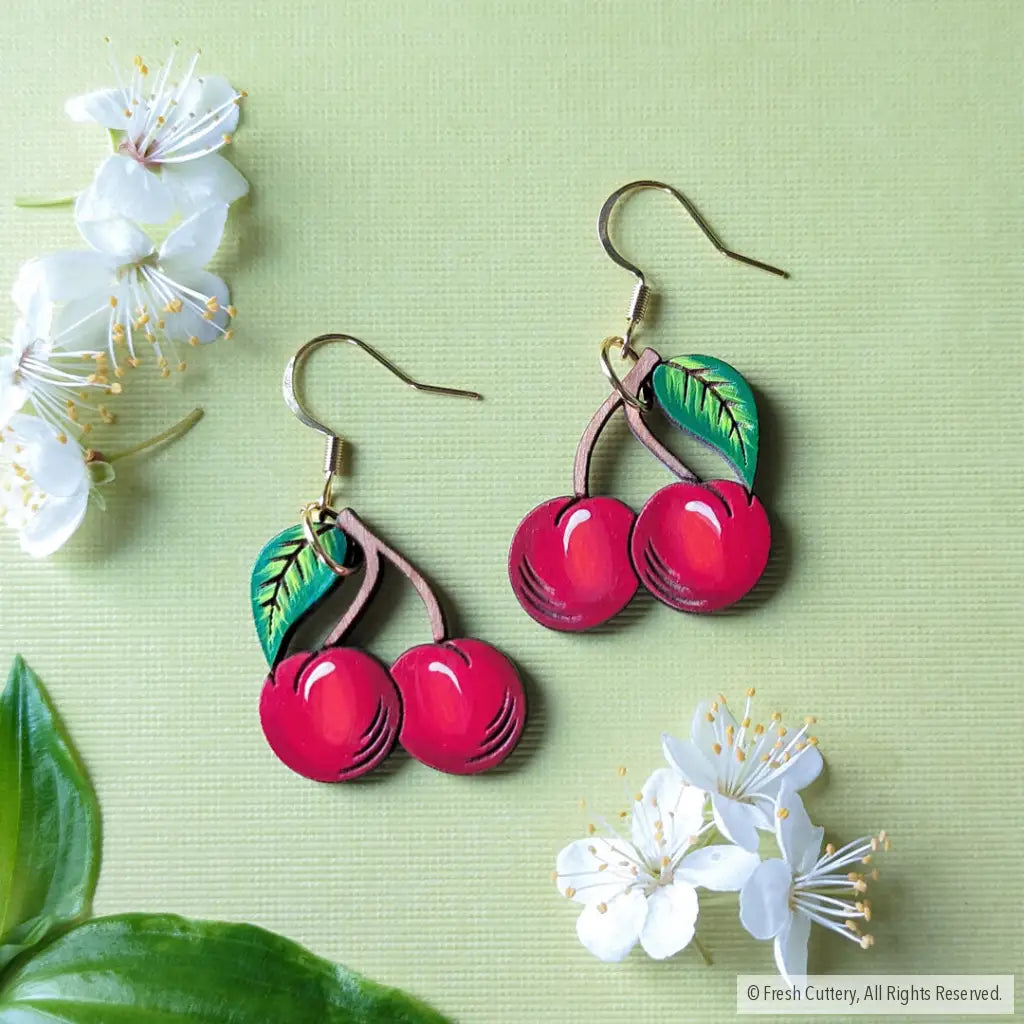 Cherry Earrings Gold Ear Wires Dangle and Drop Earrings