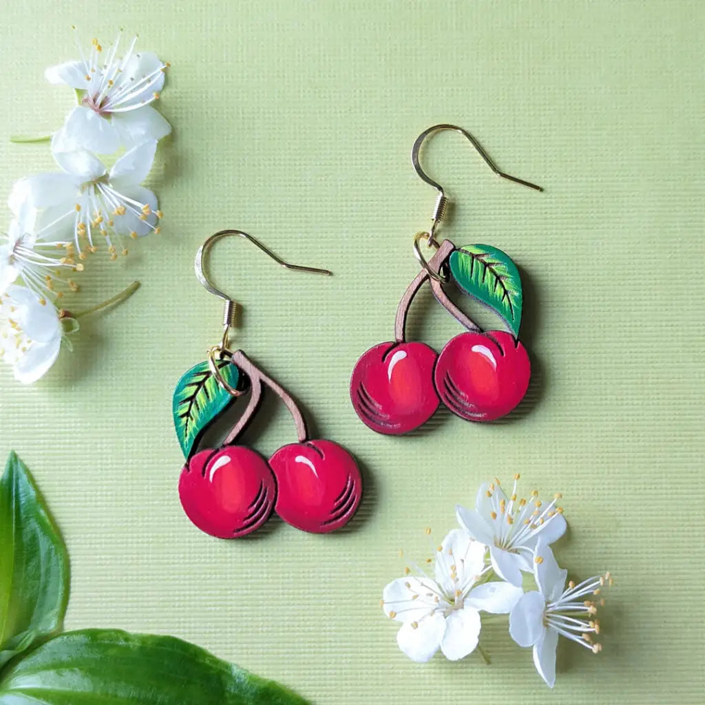 Cherry Earrings Gold Ear Wires Dangle and Drop Earrings
