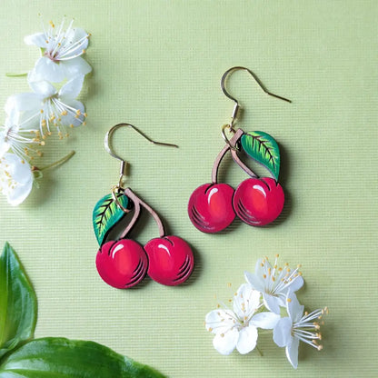 Cherry Earrings Gold Ear Wires Dangle and Drop Earrings