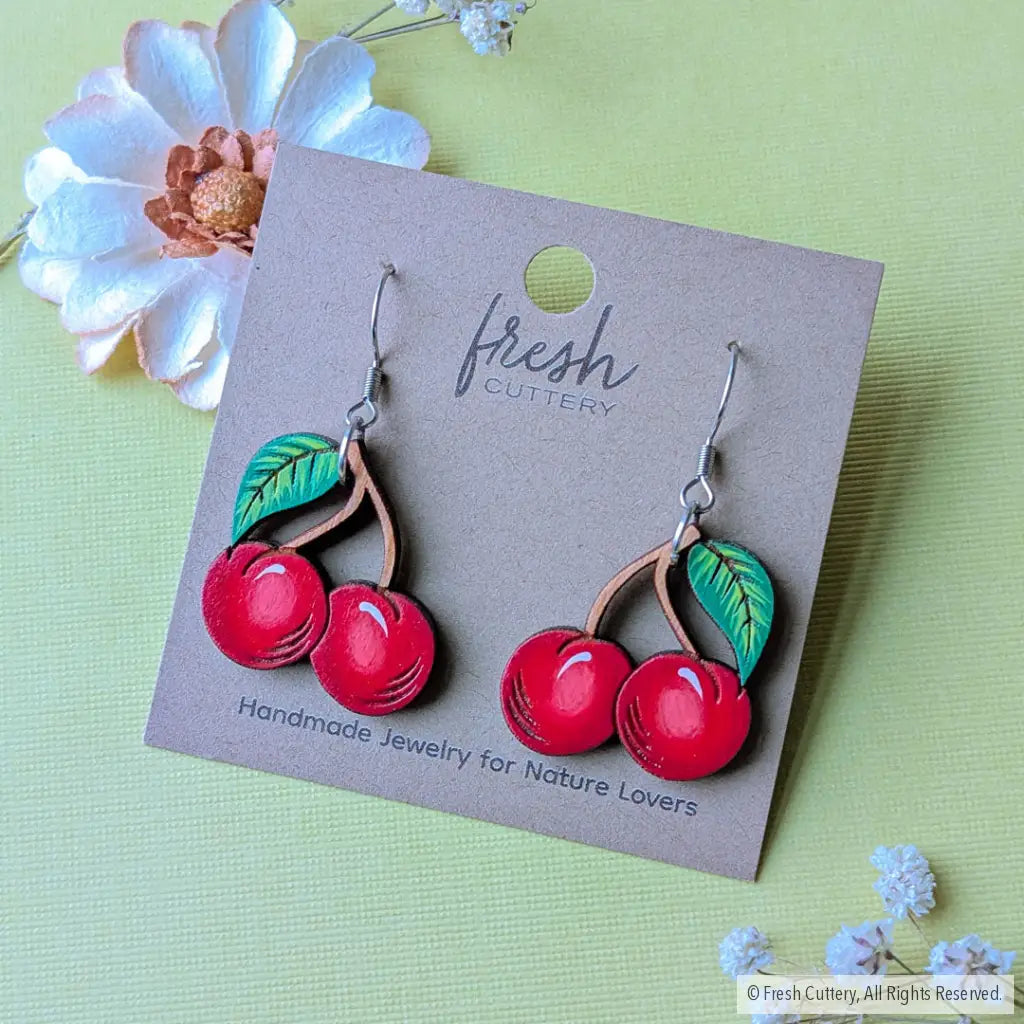 Cherry Earrings Silver Ear Wires Dangle and Drop Earrings