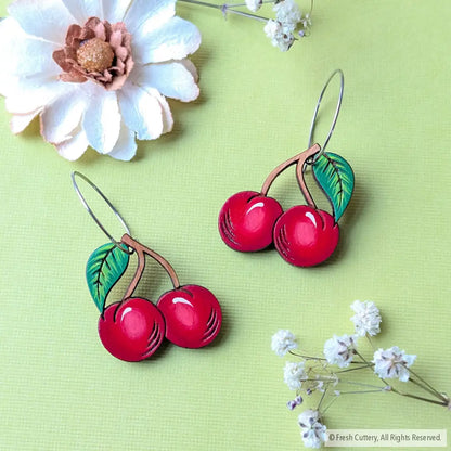 Cherry Earrings Silver Hoops Dangle and Drop Earrings