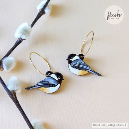 Chickadee Bird Mini Hoops Gold Dangle And Drop Earrings