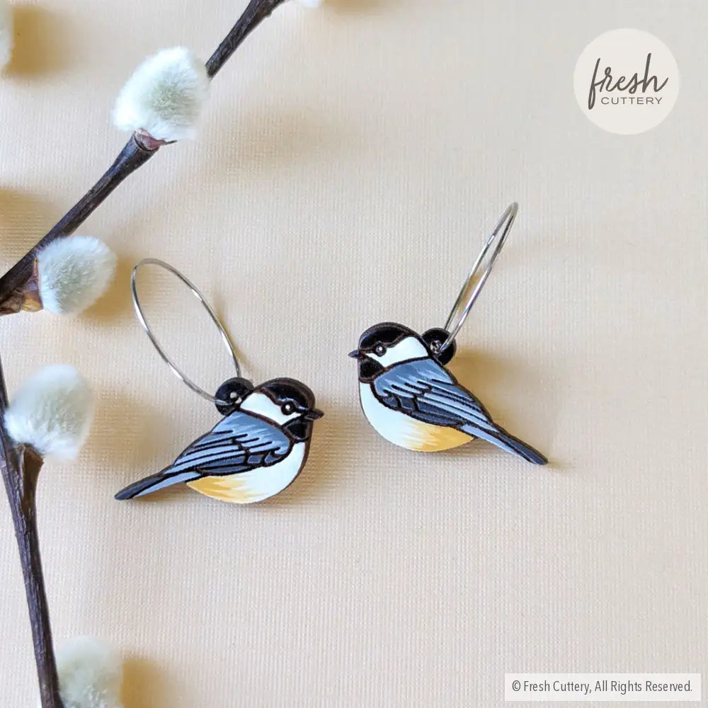 Chickadee Bird Mini Hoops Silver Dangle And Drop Earrings