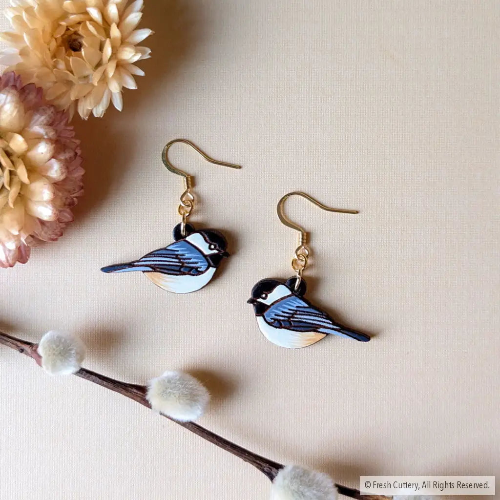 Chickadee Bird Mini Hoops Gold Ear Wires Dangle And Drop Earrings