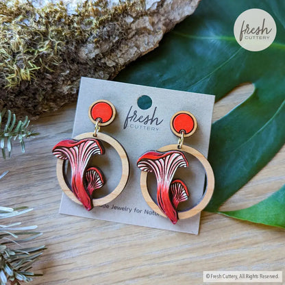 Cinnabar Chanterelle Mushroom Earrings Painted Wood Studs Dangle And Drop