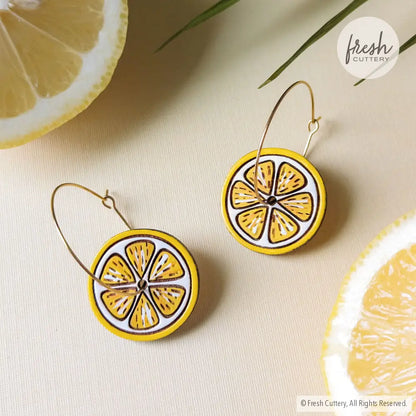 Citrus Slice Hoop Earrings Lemon / Gold Hoops Dangle And Drop