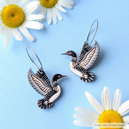 Common Loon Earrings - Silver Hoops - Dangle and Drop Earrings