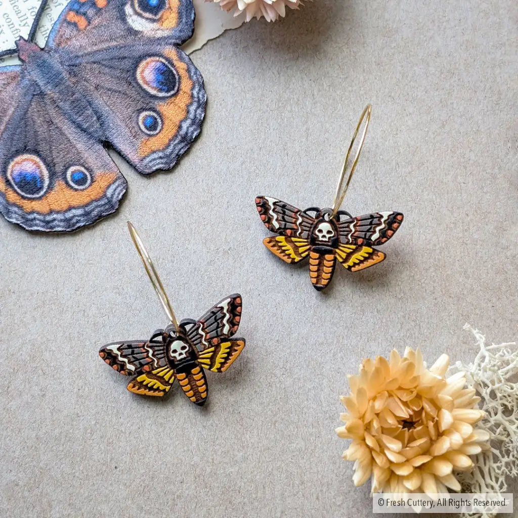 Death’s-head Hawkmoth Earrings - Gold Hoops - Dangle and Drop Earrings