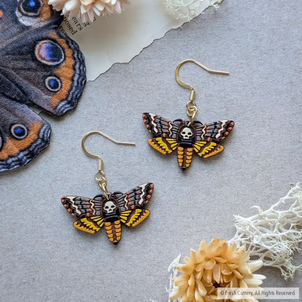 Death’s-head Hawkmoth Earrings - Gold Ear Wires - Dangle and Drop Earrings
