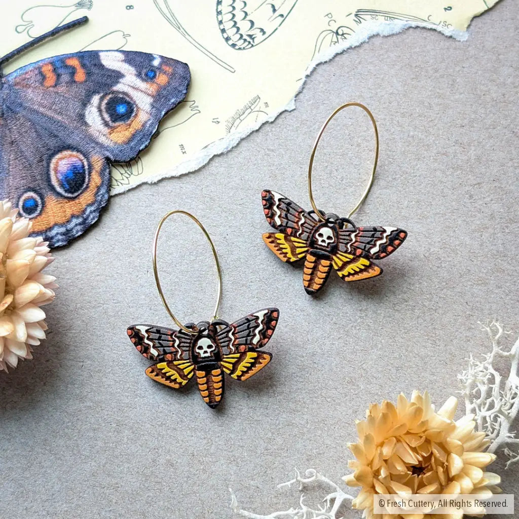 Death’s-head Hawkmoth Earrings - Gold Hoops - Dangle and Drop Earrings