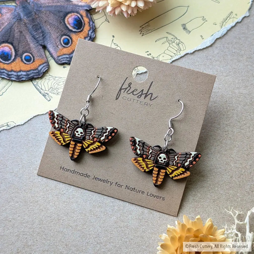 Death’s-head Hawkmoth Earrings - Silver Ear Wires - Dangle and Drop Earrings