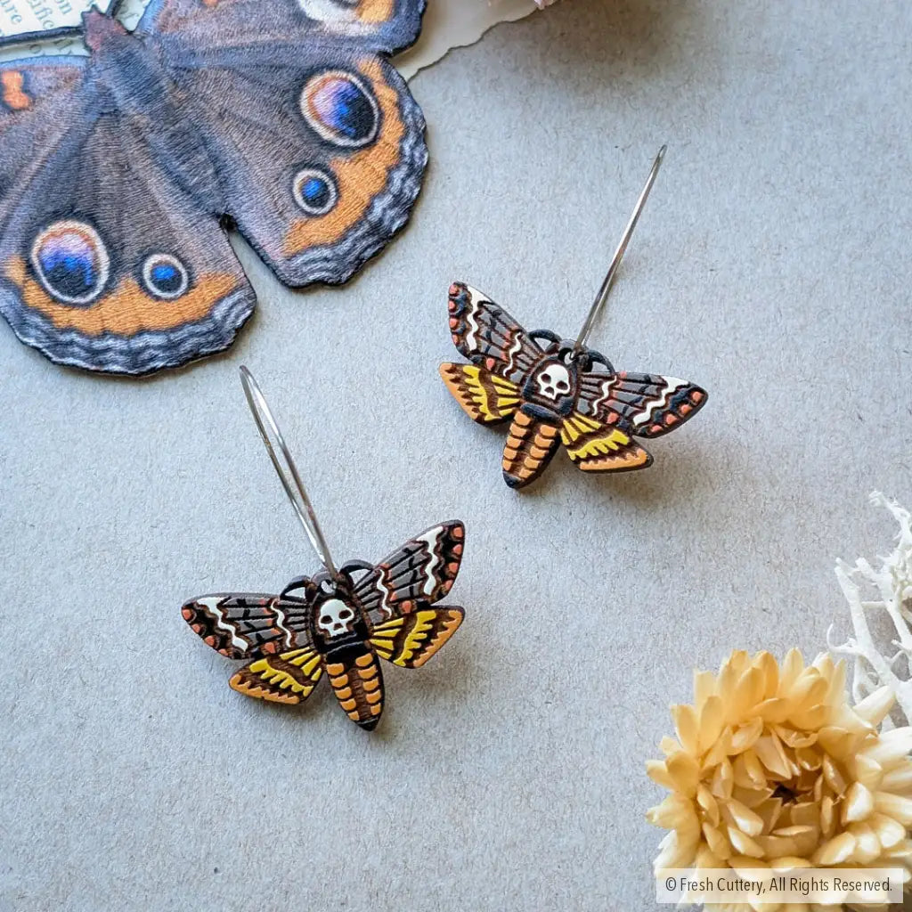 Death’s-head Hawkmoth Earrings - Silver Hoops - Dangle and Drop Earrings
