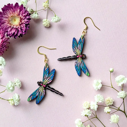 Dragonfly Earrings Gold Ear Wires Dangle and Drop Earrings
