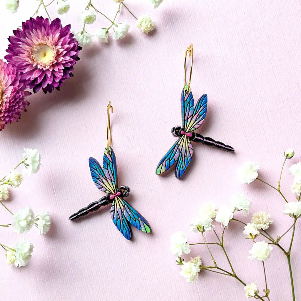 Dragonfly Earrings Gold Hoops Dangle and Drop Earrings