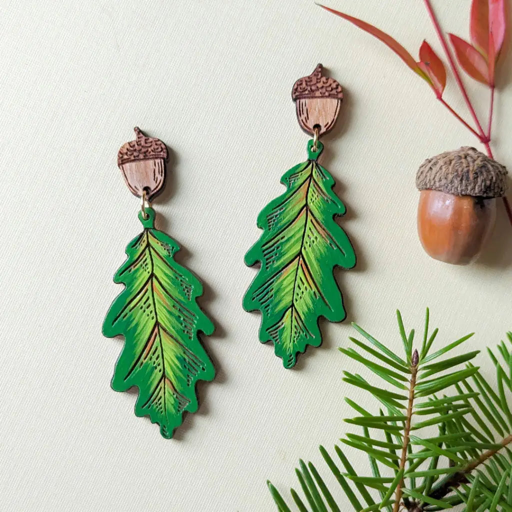 Fall Oak Leaf Earrings Green Dangle And Drop