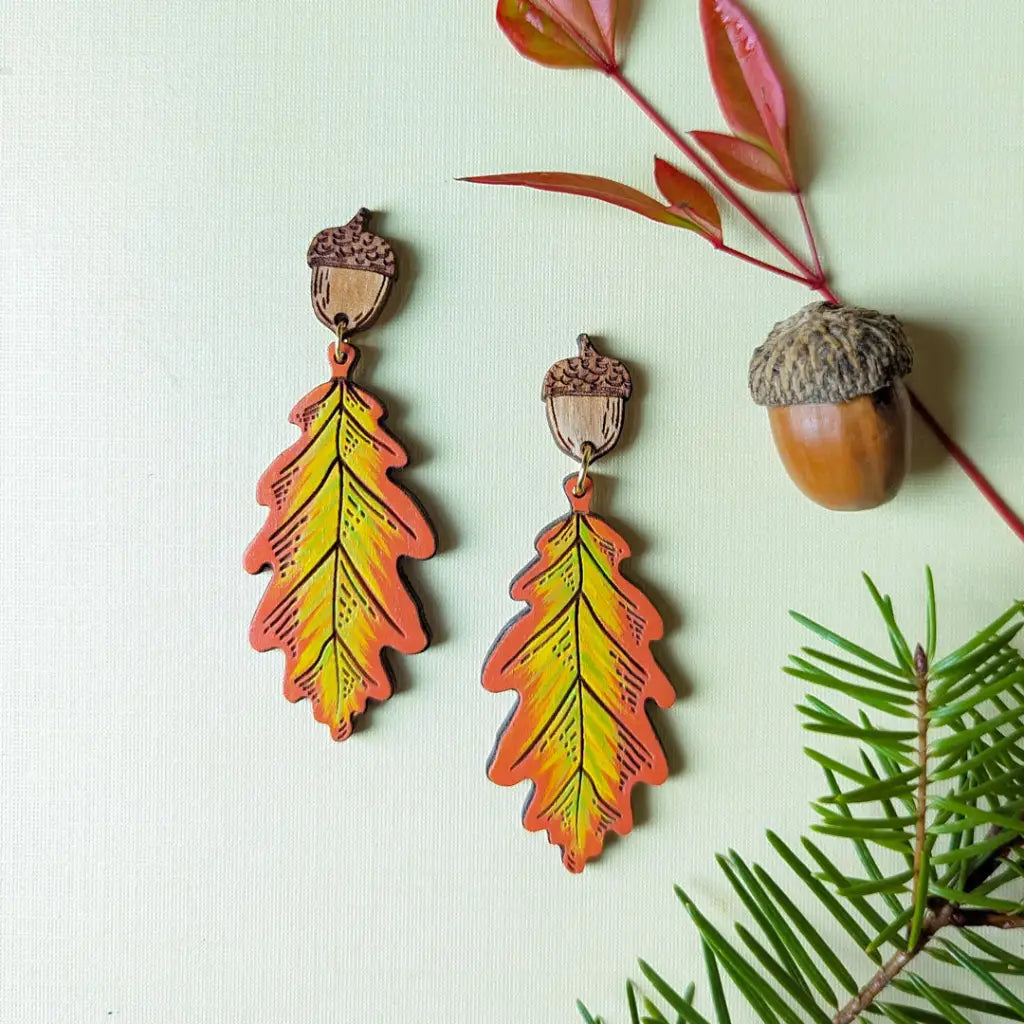 Fall Oak Leaf Earrings Orange Dangle And Drop