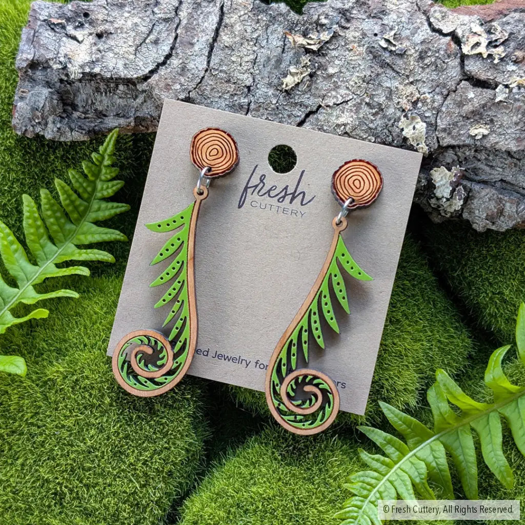 Fiddlehead Fern Earrings - Wood Tone - Dangle and Drop Earrings