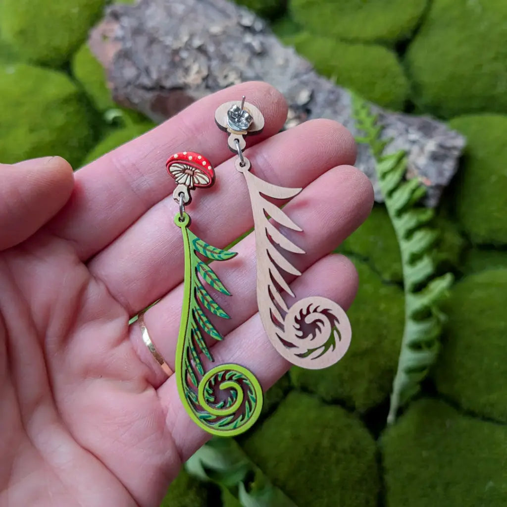 Fiddlehead Fern & Mushroom Earrings Dangle and Drop Earrings