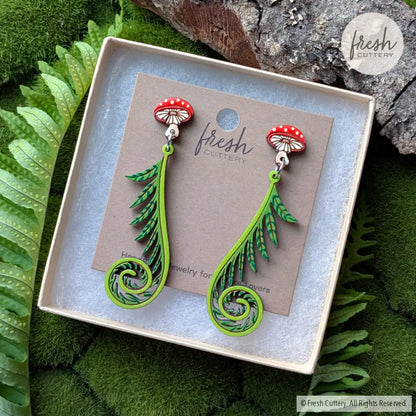 Fiddlehead Fern & Mushroom Earrings Dangle and Drop Earrings