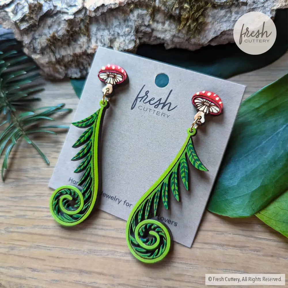 Fiddlehead Fern & Mushroom Earrings Dangle And Drop