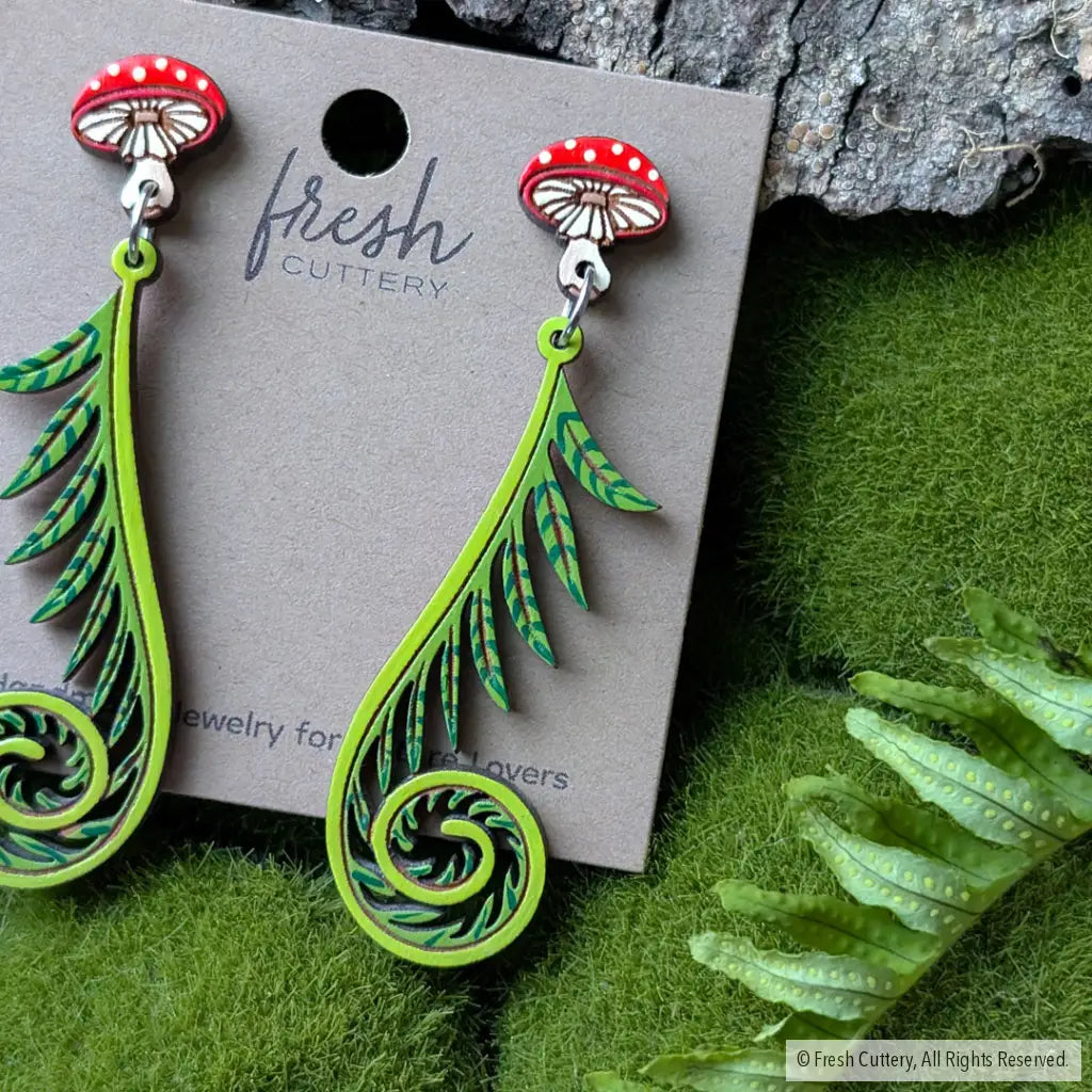 Fiddlehead Fern & Mushroom Earrings Dangle and Drop Earrings