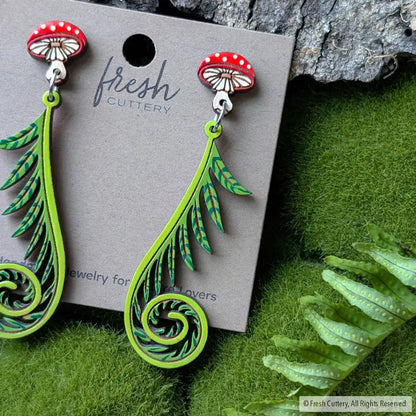 Fiddlehead Fern & Mushroom Earrings Dangle and Drop Earrings