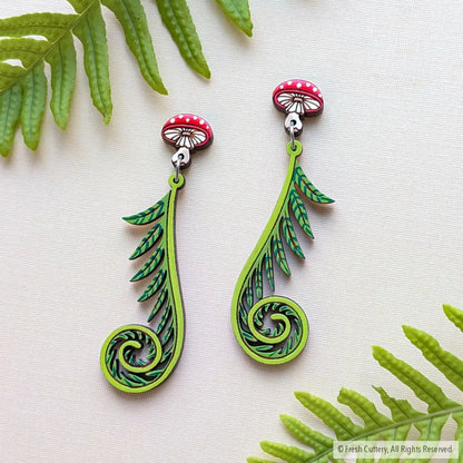 Fiddlehead Fern & Mushroom Earrings Dangle and Drop Earrings