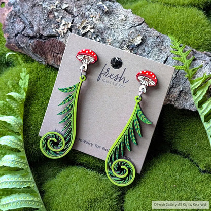 Fiddlehead Fern & Mushroom Earrings Dangle and Drop Earrings