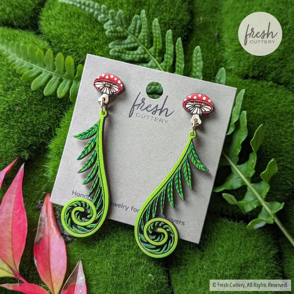 Fiddlehead Fern & Mushroom Earrings Dangle And Drop