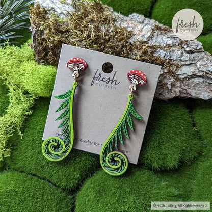 Fiddlehead Fern & Mushroom Earrings Dangle And Drop