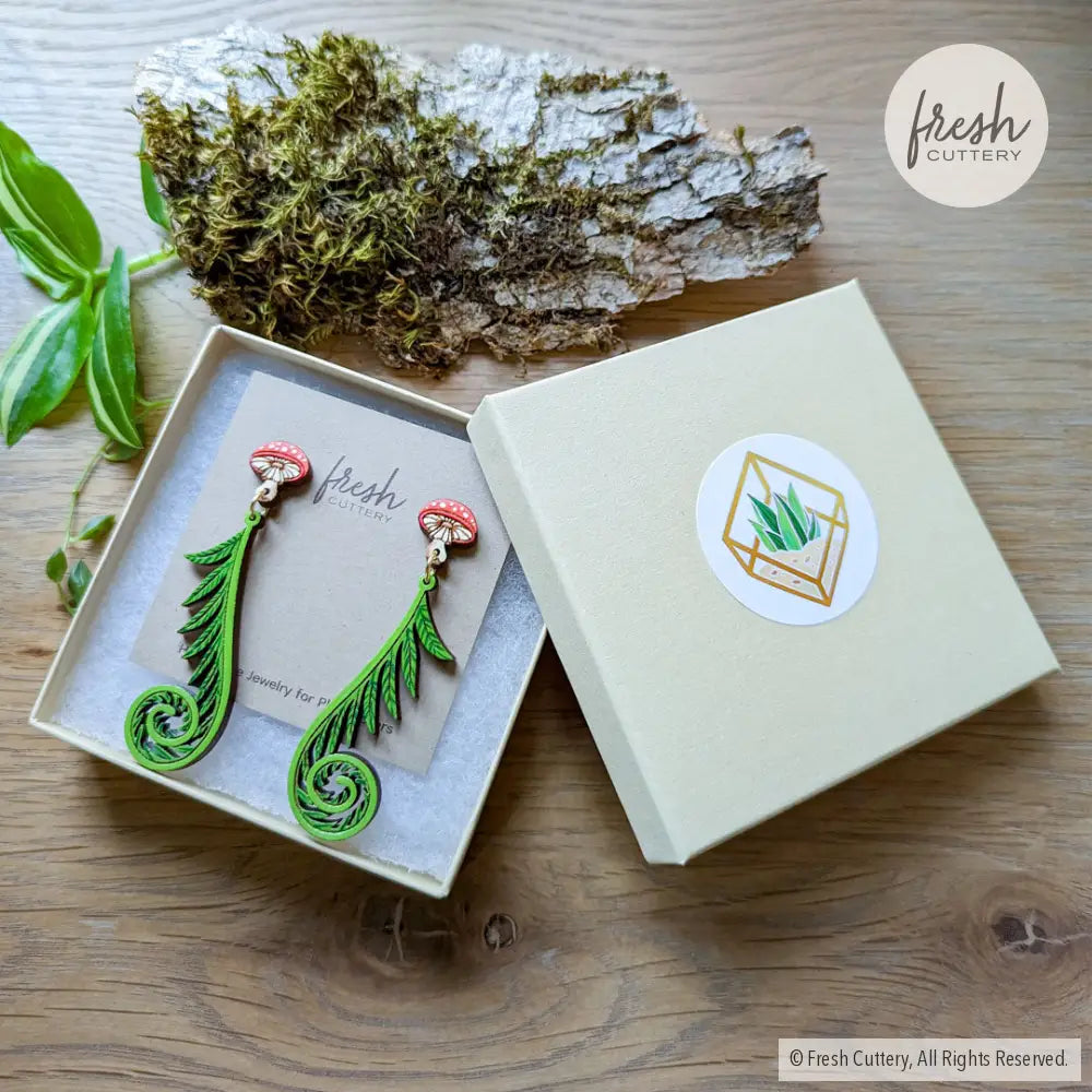 Fiddlehead Fern & Mushroom Earrings Dangle And Drop