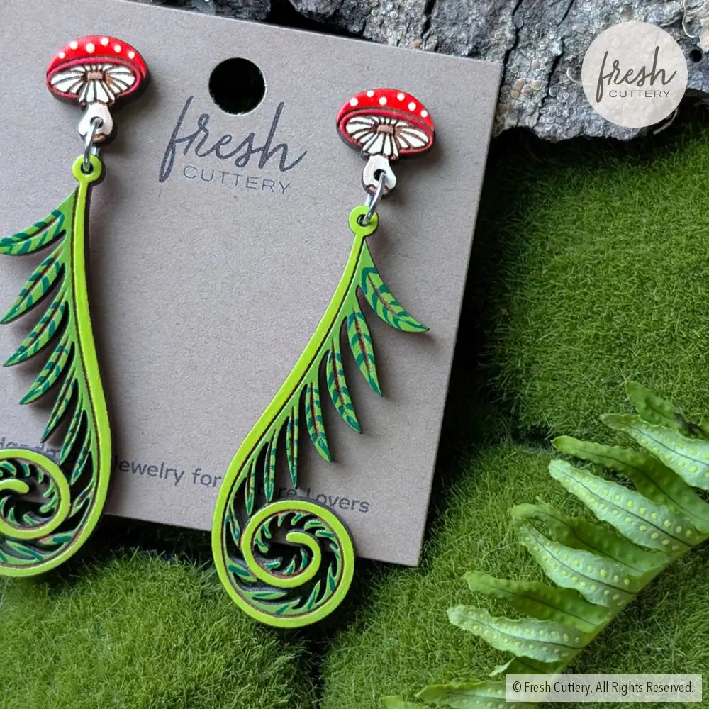 Fiddlehead Fern & Mushroom Earrings Dangle and Drop Earrings