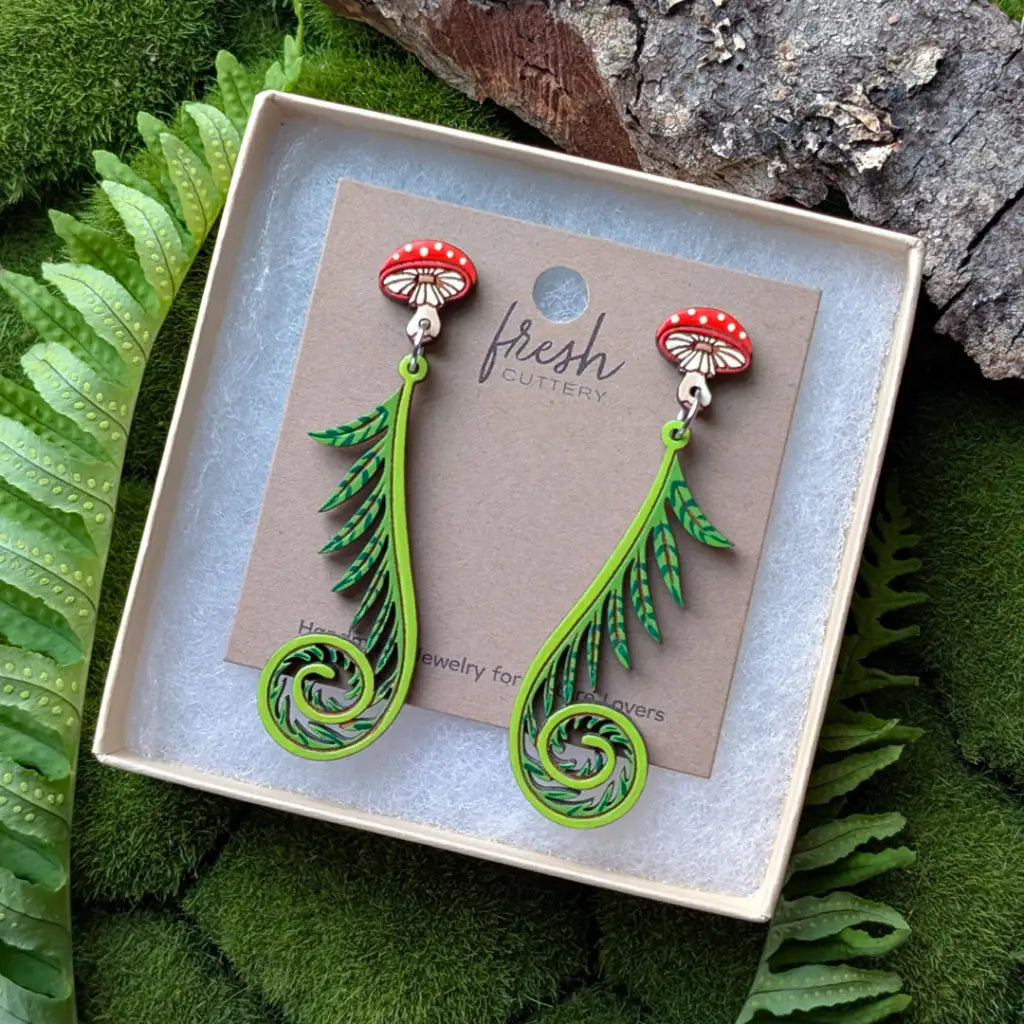 Fiddlehead Fern & Mushroom Earrings Dangle and Drop Earrings