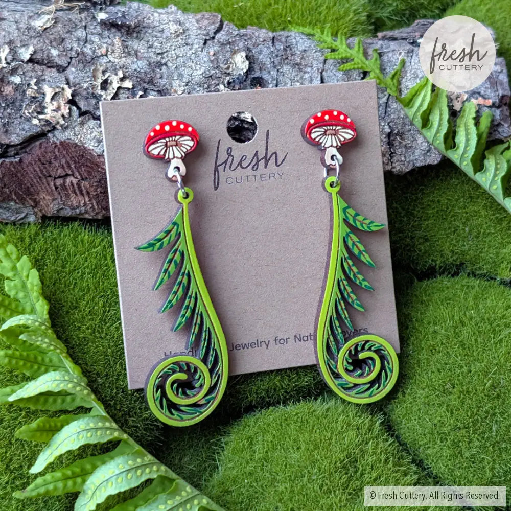 Fiddlehead Fern & Mushroom Earrings Dangle and Drop Earrings