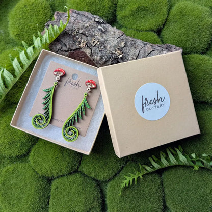 Fiddlehead Fern & Mushroom Earrings Dangle and Drop Earrings