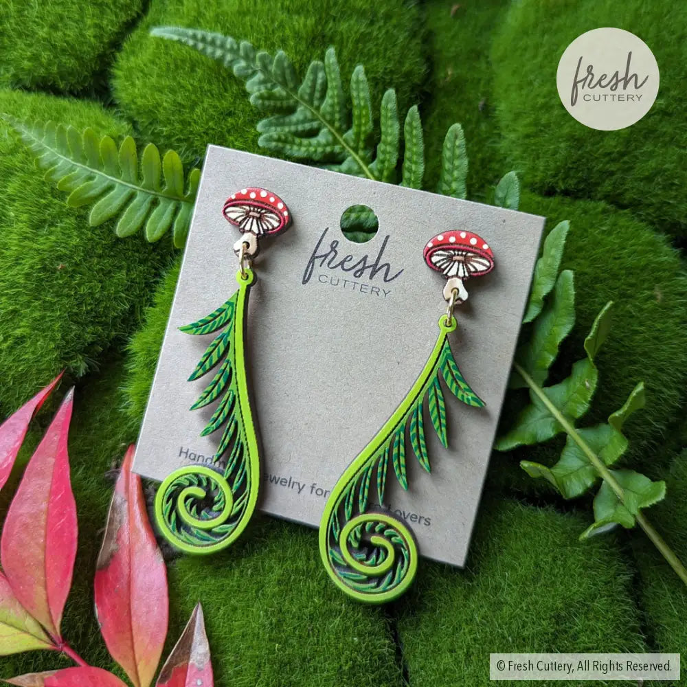 Fiddlehead Fern & Mushroom Earrings Dangle And Drop