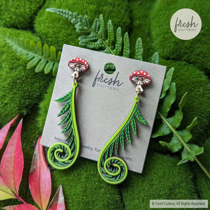 Fiddlehead Fern & Mushroom Earrings Dangle And Drop