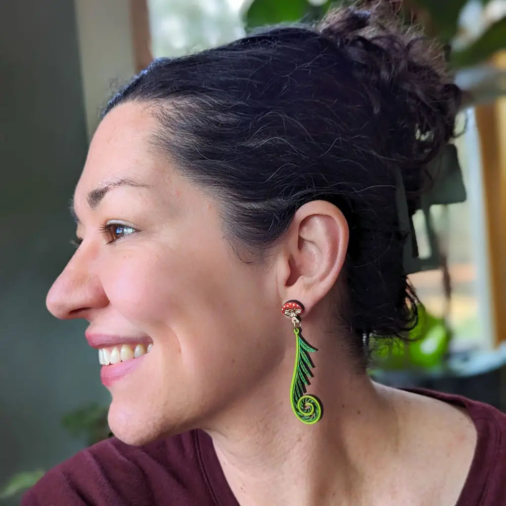 Fiddlehead Fern & Mushroom Earrings Dangle and Drop Earrings